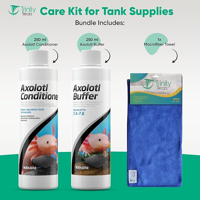 Axolotl Care Kit- Axolotl Conditioner 250ml & Buffer 250ml Including Trinity Treats Microfiber Cleaning Cloth, Axolotl Care Kit for Tank Supplies & Accessories for Healthy Water in Aquarium or Tank
