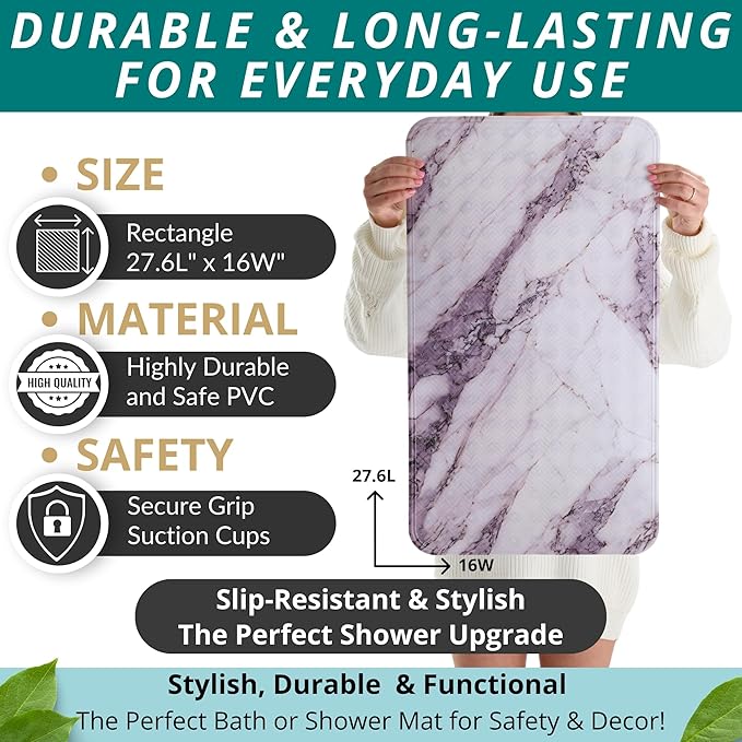 ENKOSI Non Slip Bath Mat for Tub and Shower Floors – Anti Slip Shower Mat with Strong Grip – Soft, Safe, and Unique Marble Print Bathroom Shower Mat for Inside Bathtub and Stalls (28x16 Marble Gray)