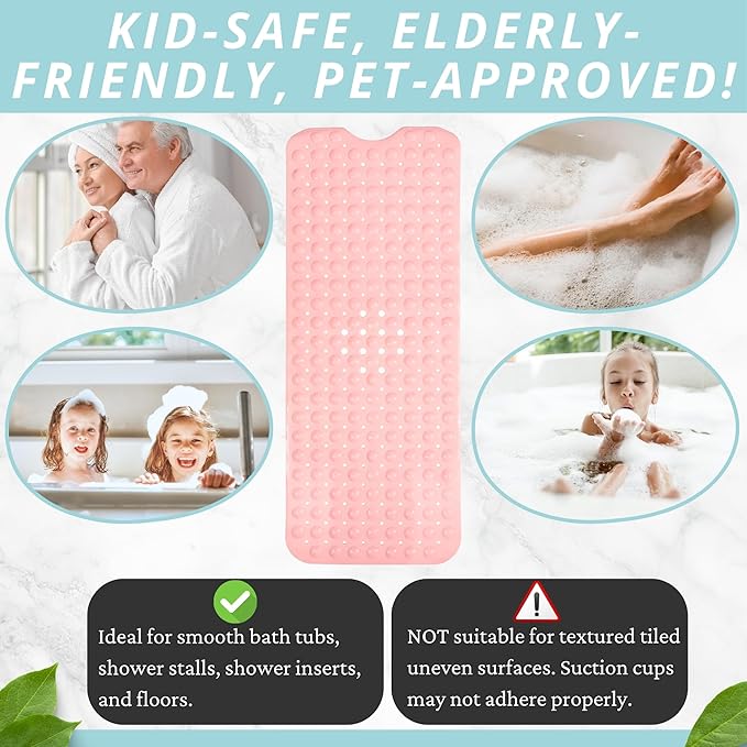ENKOSI Bath Mat - Large Non Slip Bathtub & Shower Mat - Extra Long 40 x 16 Inch Bathroom Mats for Tub Nonslip Anti Slip Bathmats (40x16 Baby Pink 1-Pack)