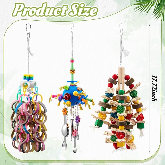 3 Pcs Extra Large Bird Parrot Toy Multicolored Natural Wooden Parrot Cage Chewing Toys for Large Medium Macaws Cockatoos African Grey Birds(Ring and Ball)