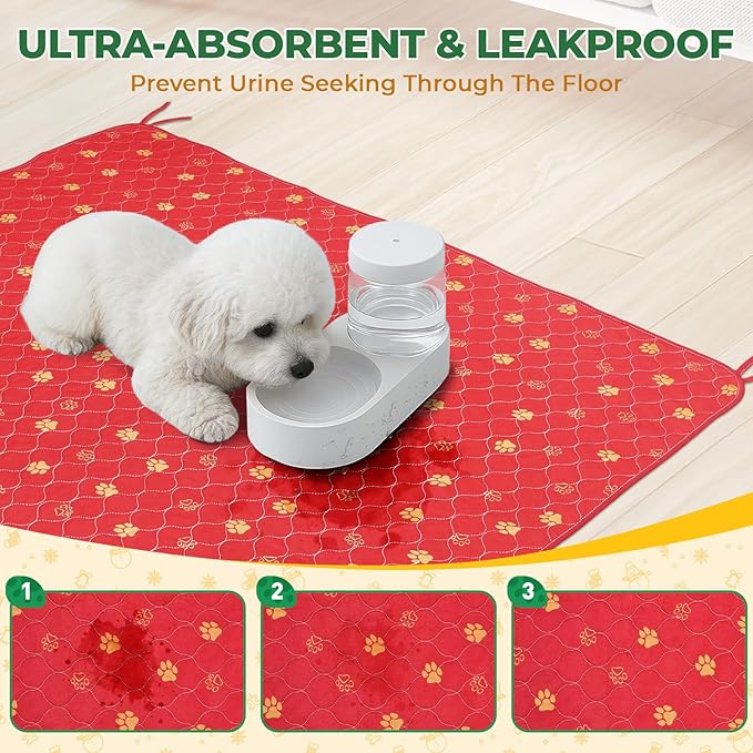 Fostanfly Washable Pee Pads for Dogs, 2 Pack 54"x54" Reusable Extra Large Ultra-Absorbent Non-Slip Leak-Proof Potty Training Pads for Puppy & Whelping, Christmas & New Year's Essential for Dogs, Red