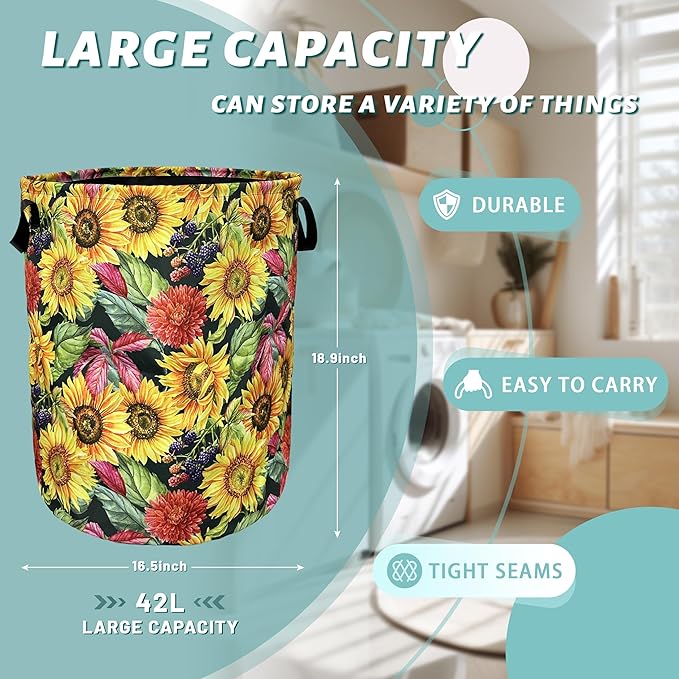 Yellow Sunflowers Laundry Basket Foldable With Handles Tote Bag Oxford Cloth Colorful Floral Laundry Hamper Clothes Storage Bucket Toy Organizer 18.9" x 16.5" For Bathroom/Laundry/Bedroom