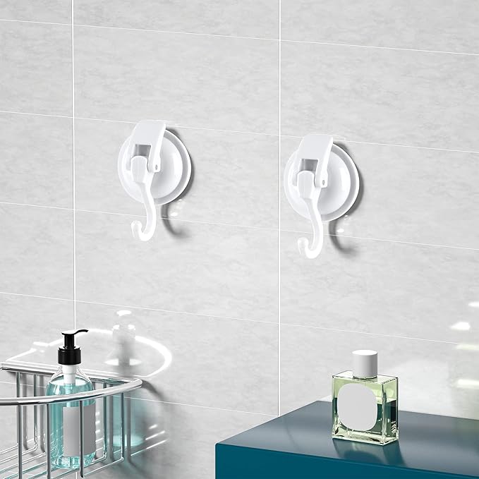 Heavy Duty Vacuum Suction Cup Hooks, White Plated Polished Super Suction for Kitchen Bathroom, 4 Pack