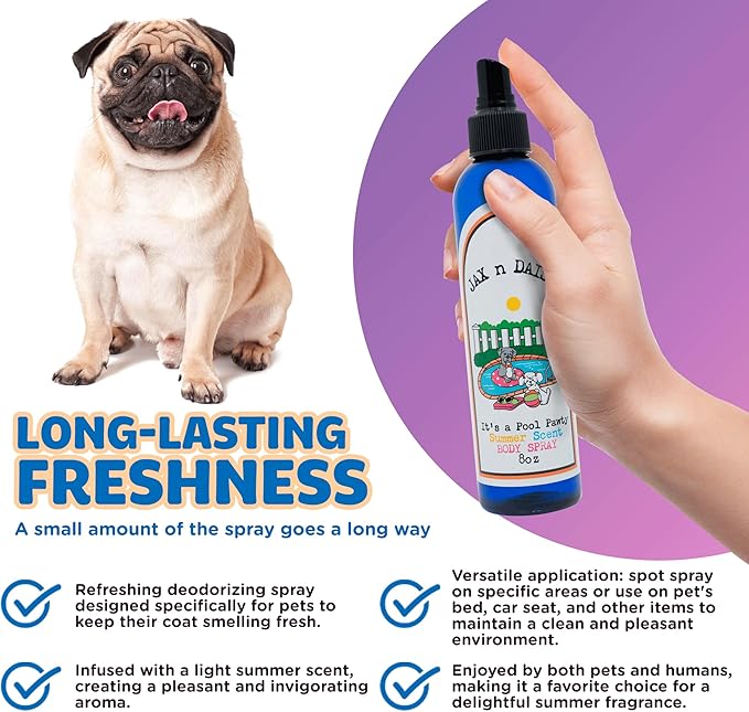 Jax N Daisy Pool Pawty Body Spray a Delightful Summer Scent All Natural Good for Coat Skin Long Lasting Deodorizing Spray Dog Perfume Deodorant for Smelly Dogs pet Perfume