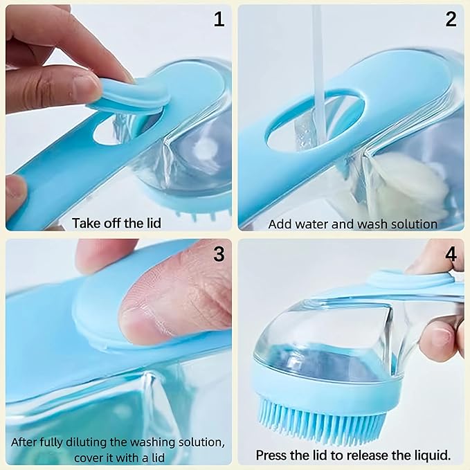 (2-Piece) Pet Bath Brush and Dog Scrubber，Bathing Dog Beauty Massage Brush with Soap Dispenser，Adjustable Handle Shampoo Brush & Scrubber for Short & Long Haired Dogs & Cats