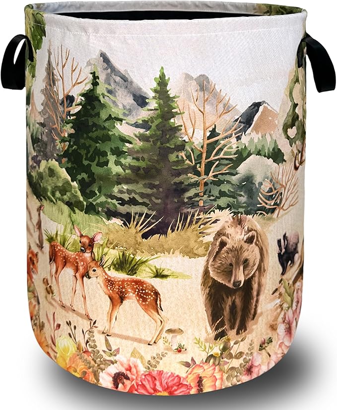 Watercolor Animals Laundry Hamper With Handles Foldable Oxford Cloth Animal Bear Deer Tote Bag Funny Laundry Basket Clothes Toy Storage Bucket Men Women 18.9" x 16.5" For Bathroom/Laundry/Bedroom