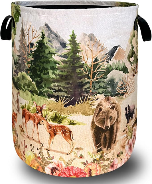 Watercolor Animals Laundry Hamper With Handles Foldable Oxford Cloth Animal Bear Deer Tote Bag Funny Laundry Basket Clothes Toy Storage Bucket Men Women 18.9" x 16.5" For Bathroom/Laundry/Bedroom