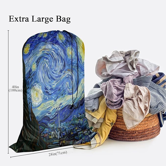 Swono Sturdy Laundry Basket Hamper, Starry Night Abstract Art Foldable Laundry Bag Clothing Organization for Bathroom, Bedroom Home Dorm Travel, Blue Oil Painting