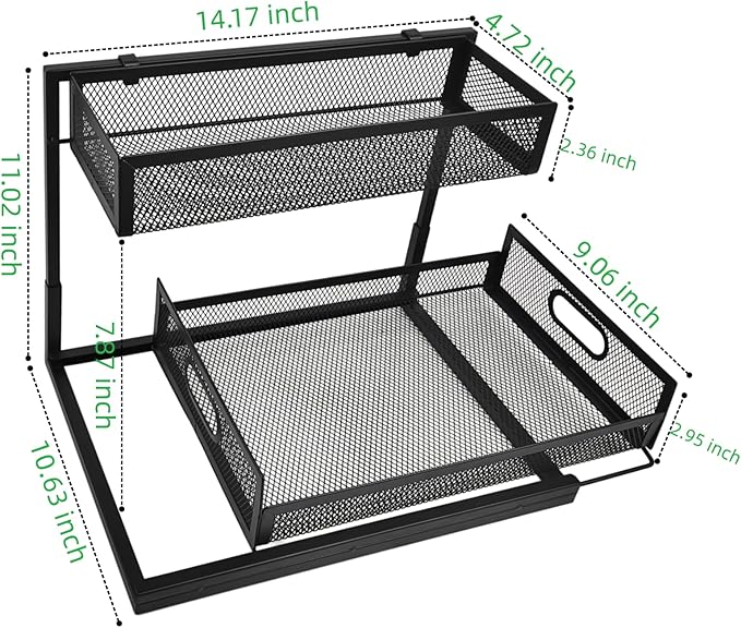 2 Pack Under Bathroom Sink Organizers and Storage 2-Tier Metal Pull Out Cabinet Organizer with Sliding Out Drawers Space Saving Undersink Slide Out Shelves for Kitchen Pantry, Black