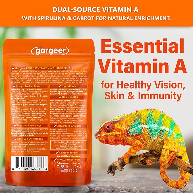 'Vitamin A Plus' Supplement for Reptiles | Retinyl Palmitate + Beta-Carotene | Supports Vision, Skin, Immune & Vitality | Geckos, Dragons, Tortoises, Turtles, Snakes | 3oz | Made in USA !