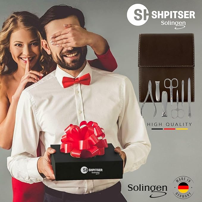 SHPITSER Professional 7pc TopInox Surgical Stainless Steel Tools Manicure Pedicure Set in Genuine Durable Leather Case Handmade in Solingen Germany for Nail and Cuticle Care