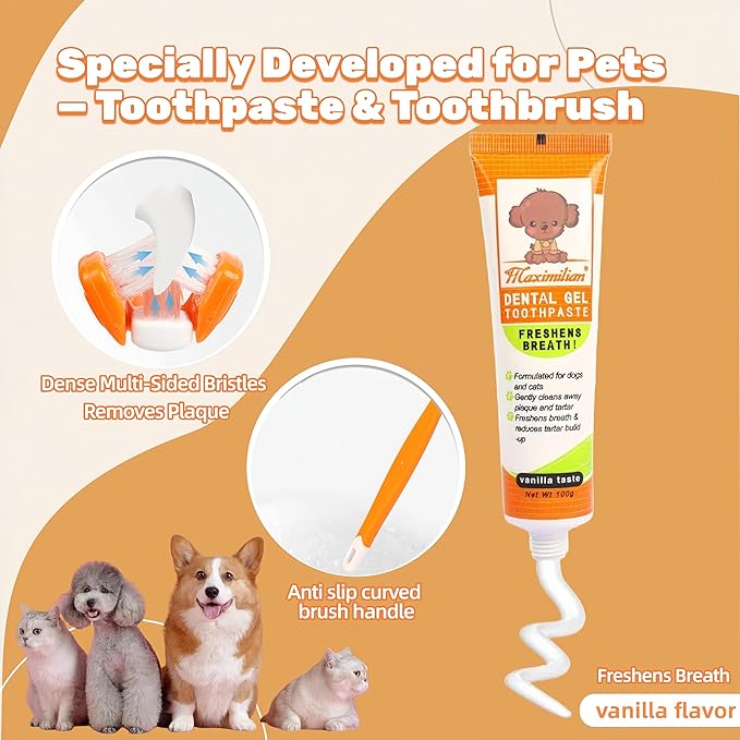 Dog & Cat Toothpaste Kit with Toothbrush & Finger Brush – 100g Vanilla Flavor Pet Toothpaste – Helps Reduce Plaque, Freshen Breath & Support Healthy Gums – Puppy & Adult Pet Dental Care