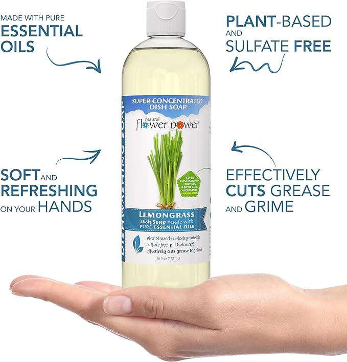 Natural Flower Power Liquid Dish Soap – Lemongrass – Plant-Based & Scented w/ Pure Essential Oils – Natural Liquid Dishwashing Detergent – Sulfate-Free Gentle Kitchen Soap – Vegan (16 Fl Oz 3 Pack)