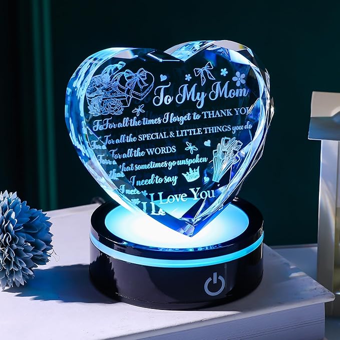 to My Mom Crystal Heart Gift with LED Base - A Mother's Love is Forever Laser Engraved Message, Meaningful Birthday Mother's Day Gift from Daughter Son, Thanksgiving Christmas Keepsake
