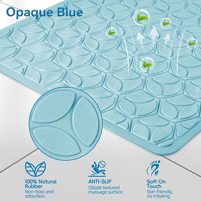 WRISIN Bathtub Mat Non Slip with Suction Cups - 100% Rubber Bathroom Mat Textured for Bath Tub Shower Safety - Soft on Touch - BPA/PVC Free - Pet Dog Bath Mat - Machine Washable - 17 × 35 Inch（Blue）