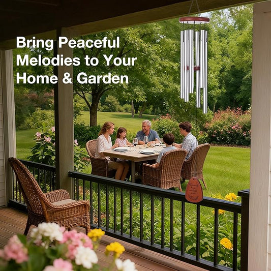 Inspirational Wind Chimes for Outside – Deep Tone Chimes with Wooden Sail | Outdoor Hanging Decor for Patio & Garden | Unique Designs, Healing Gift of Peace & Comfort (Silver, 32 Inch)