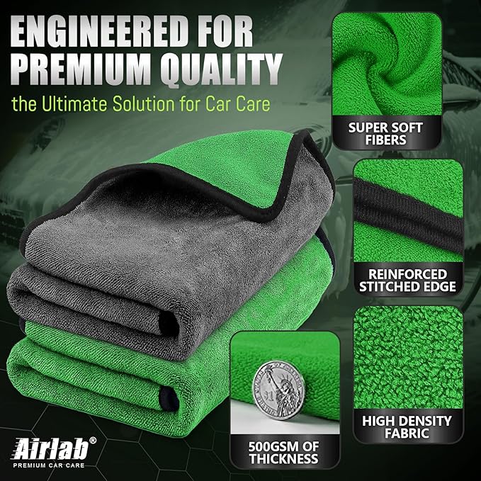 Airlab Microfiber Towels for Cars Wash Drying Thick Plush Cleaning Cloth Auto Detailing Super Absorbent for Interior & Exterior Lint Free, Streak Free, 35 x 24 Inch, 500 GSM, Pack of 2, Grey-Green
