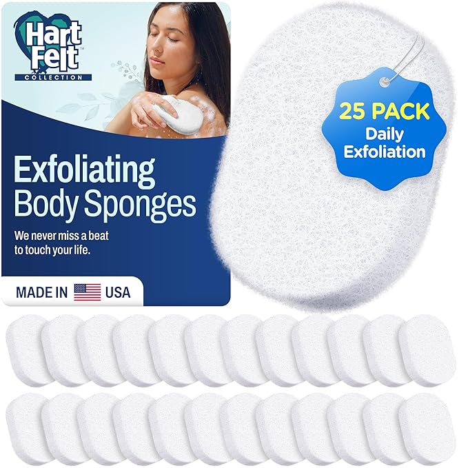 HartFelt Bath Sponges for Shower | Oval Body Wash Scrubber for Exfoliating Skin | Clean and Refresh Body, Back & Arms | Chemical-Free Body Sponge | Made in USA - Pack of 25
