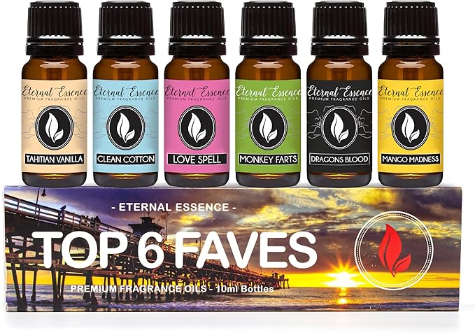 Top 6 Faves - Gift Set of 6 Premium Fragrance Oils - Love Spell, Tahitian Vanilla, Clean Cotton, Mango, Dragon's Blood and Monkey Farts - 10ML