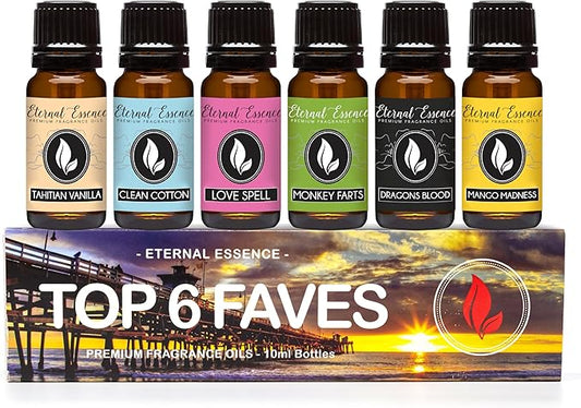 Top 6 Faves - Gift Set of 6 Premium Fragrance Oils - Love Spell, Tahitian Vanilla, Clean Cotton, Mango, Dragon's Blood and Monkey Farts - 10ML