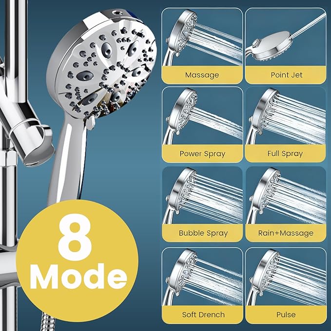 12 Inch Rain Shower Head with 8-Setting Handheld Spray Combo, Metal Height Adjustable Shower Arm, Slide Bar with Holder, Stainless Steel Hose, Chrome