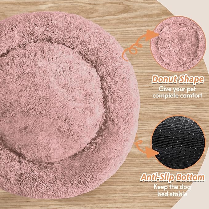JOLLYVOGUE Small Dog & Cat Beds for Indoor Cats, Donut Cuddler Warming Soft Dog Beds with Anti-Slip Bottom, Round Calming Fluffy Plush Faux Fur Cushion Bed for Large Dogs (36", Dark Pink)