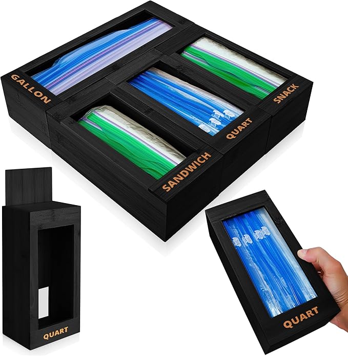 Bag Storage Organizer - Bamboo Food Plastic Baggie Holder, Dispenser, and Container for Kitchen Drawer - Fits Major Brand's Gallon, Quart, Sandwich & Snack Sized Slider Bags (Black)