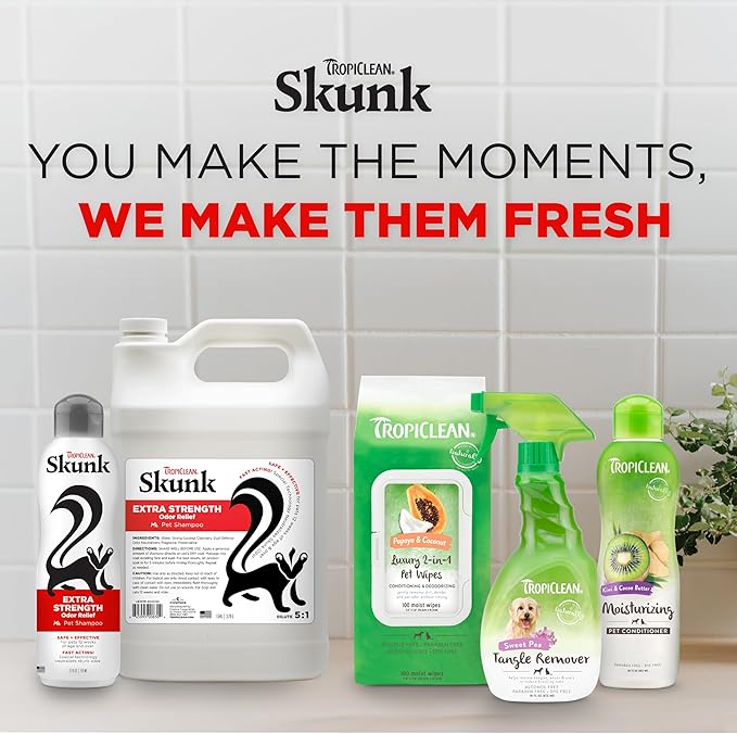 TropiClean Deodorizing Skunk Shampoo for Dogs - Extra Strength Skunk Odor Remover - 24 Hour Fast Relief - 20 oz