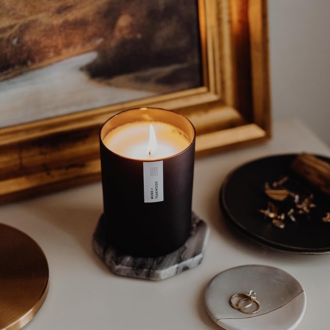 Calyan Wax Co. Soy Wax Candle, Musk + Teakwood Scented Candle, 75 Hour Burn Time, Aromatherapy Soy Candles, Non Toxic & Vegan Soy Wax, Black Tumbler Scented Candles, 10.2oz