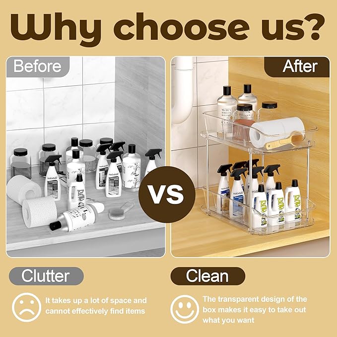 2 Tier Pull-Out Storage Organizer for Bathroom and Kitchen, Under Sink Organizer with Dividers, Ideal for Organizing Cupboard,Bathroom Vanities,Cabinet, Slide-Out Clear Storage, 4 Pack