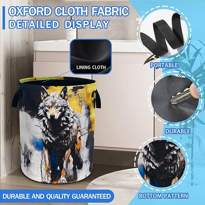 Wolf Laundry Basket Grey Wolf Animal Oxford Cloth Laundry Hamper With Handle Foldable Portable Clothes Storage Basket 18.9 X 16.5 In Storage Bag For Laundry Room/Bathroom/Bedroom/Dormitories