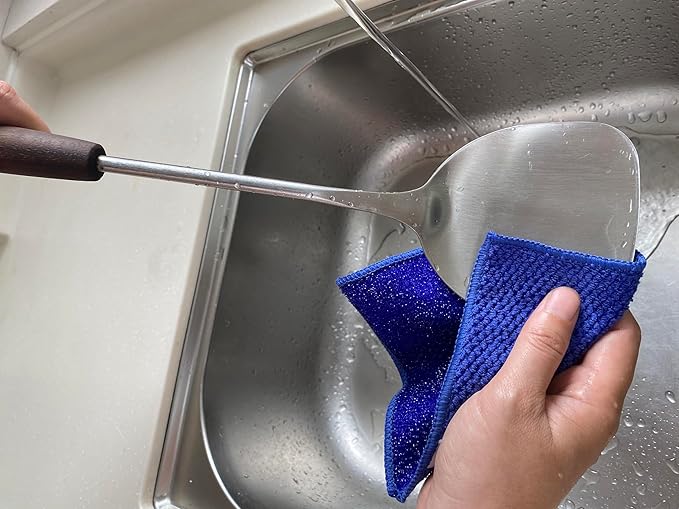 16 Pack Microfiber Scrub Dish Cleaning Cloth, Non-Scratch, Reusable & Durable for Pan Pot Dish Cooktop Stovetop Counter Kitchen Household, Machine Washable, 6 x 6 Inch, Orange & Blue Assorted