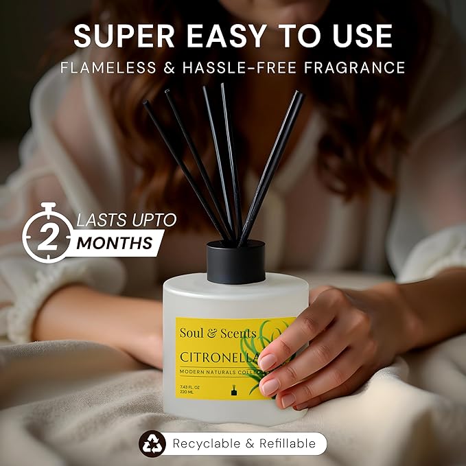 Soul & Scents Reed Diffuser Set – Citronella | 7.43 oz Refillable Scented Oil with 6 Fiber Sticks | Long-Lasting Home Fragrance & Air Freshener for Bedroom, Bathroom, Office | Gift & Décor Piece