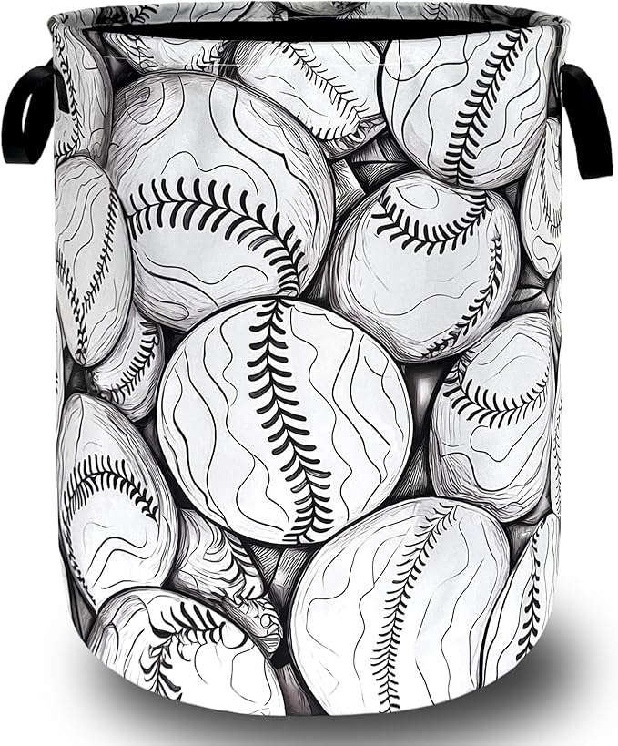Black White Baseball Pattern Laundry Basket Foldable Oxford Cloth Baseball Laundry Hamper With Handle Portable Clothes Storage Basket 18.9 X 16.5 Inch Storage Bag For Laundry Room/Bathroom/Bedroom