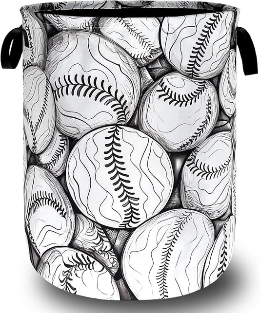 Black White Baseball Pattern Laundry Basket Foldable Oxford Cloth Baseball Laundry Hamper With Handle Portable Clothes Storage Basket 18.9 X 16.5 Inch Storage Bag For Laundry Room/Bathroom/Bedroom