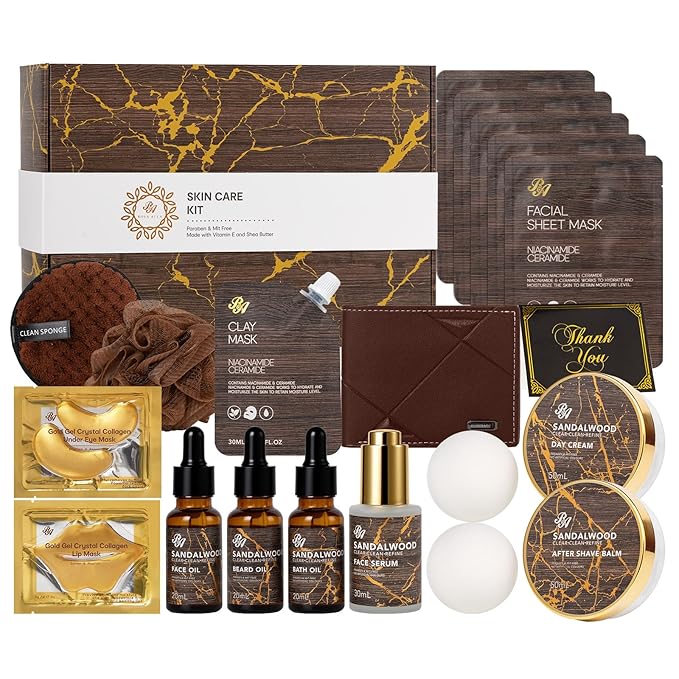 Sandalwood Beard Grooming Set For Men, 21 Pcs Facial Skin Care Set, Spa & Self-Care Gift, Bath and Body Gift Set, Bath Bomb, Bear Oil, Face Serum, Birthday, Christmas, Valentines, Father Day, Husband
