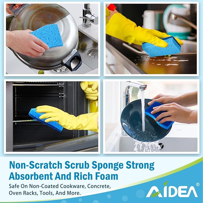 AIDEA Sponges Kitchen, Non Scratch Scrub Sponge, 12Count, Sponges for Non Stick Cookware, Cleaning Sponge for Dishes, Cleans Fast Without Scratching, Cleaning Power for Kitchen, Bathroom, Household