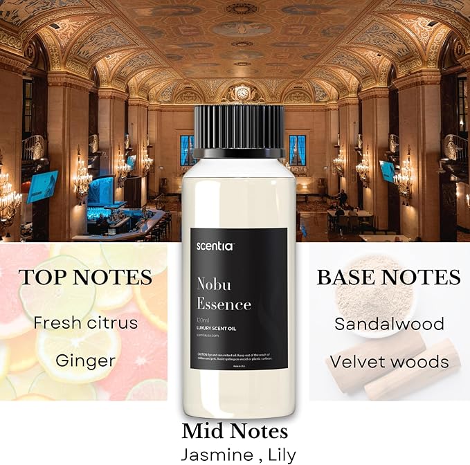 Scentia Hotel Diffuser Oil Inspired by The Nobu Hotel - 120 mL 4.06 fl oz - Essential Oil Blend Jasmine, Lilly, Sandalwood for Aromatherapy Diffusers - Nobu Essence - Thanksgiving & Holiday Gift