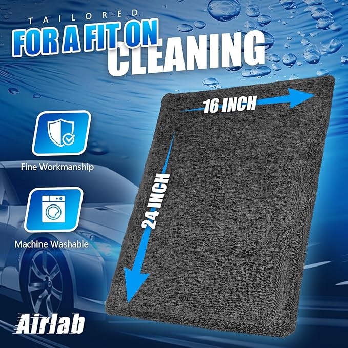 Airlab Car Drying Towel Microfiber Towels for Cars 1200 GSM Wash Auto Detailing Supplies Twist Pile Cleaning Cloth Absorbent Quick Dry Soft Loop Dry Flash Towel, 24 x 16 Inch, Pack of 1, Grey