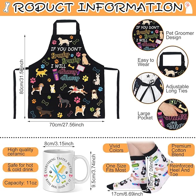 6 Pcs Christmas Dog Groomer Gift Set Include Waterproof Oil Proof Apron Mug Keychain Canvas Tote Bag Cosmetic Bag Socks for Dog Trainer Groomer Birthday Gifts