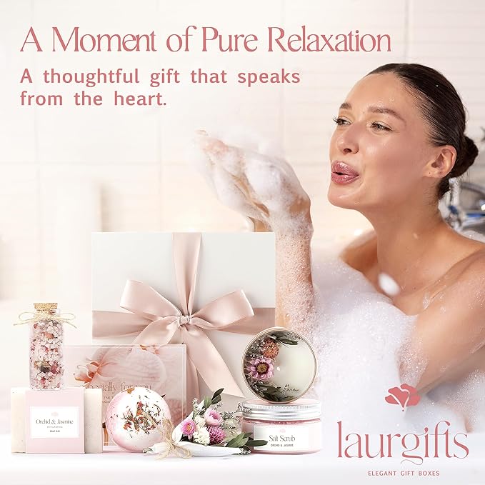Birthday Gifts for Women – Luxury Bath Sets & Self Care Box – Christmas Gifts for Women – Small Orchid & Jasmine Spa Basket for Mom, Sister, or Friend