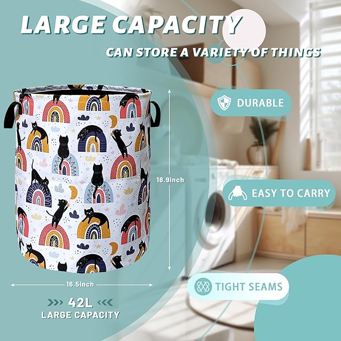 Boho Rainbow Cute Cats Laundry Basket Foldable With Handles Tote Bag Oxford Cloth Funny Cat Laundry Hamper Clothes Storage Bucket Toy Organizer 18.9" x 16.5" For Bathroom/Laundry/Bedroom