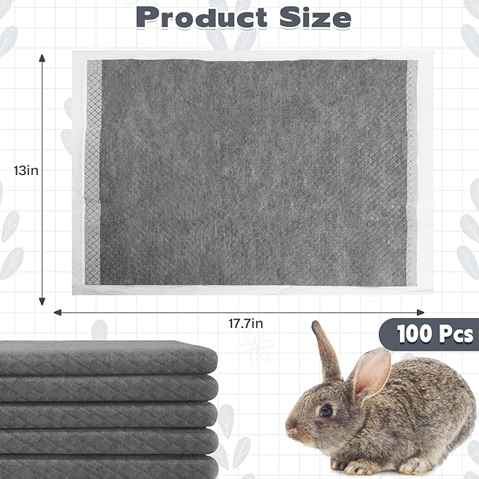 kathson 100PCS Rabbit Pee Pads 18×13in Disposable Guinea Pig Cage Liners Super Absorbent Black Carbon Odor-Control Bunny Training Pad with Quick-Dry Surface for Bunny Kitten Hedgehog Small Animals