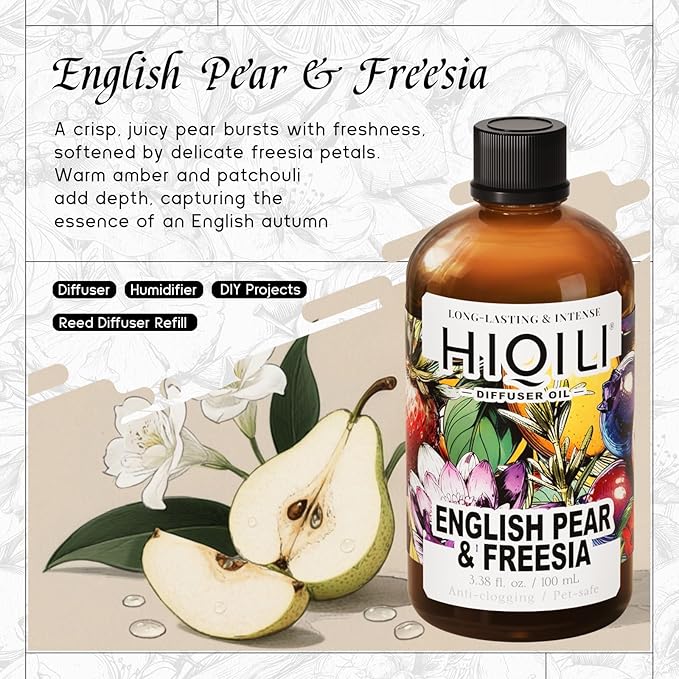HIQILI Diffuser Oil for Humidifier & Reed Diffusers, Suitable for Home and Other Scenarios, Long Lasting Scent - English Pear & Freesia, 3.38 Fl Oz