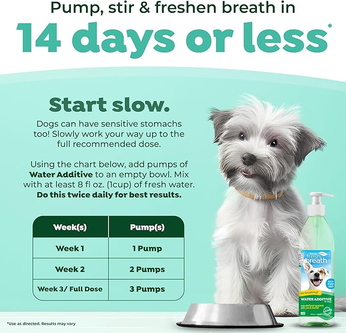 TropiClean Fresh Breath Water Additive for Dogs | Dog Breath Freshener & Teeth Cleaning Solution | No Toothpaste or Toothbrush Required | 16 oz + Pump