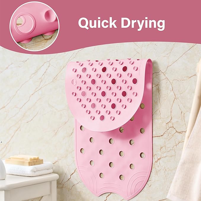 Rubber Bathtub Mat Shower Mat Non-Slip, 31x14 Inch, Bath Tub Floor Mat with Suction Cups and Drainage Holes, Pink
