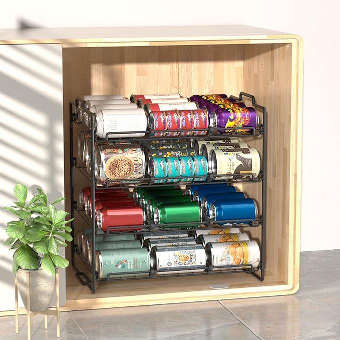 4 Tiers Stackable Can Rack Organizer, Wear-resistant Upgrade Beverage Food Can Dispenser Holder Holds up to 48 Cans for Kitchen Cabinet and Pantry (Black)
