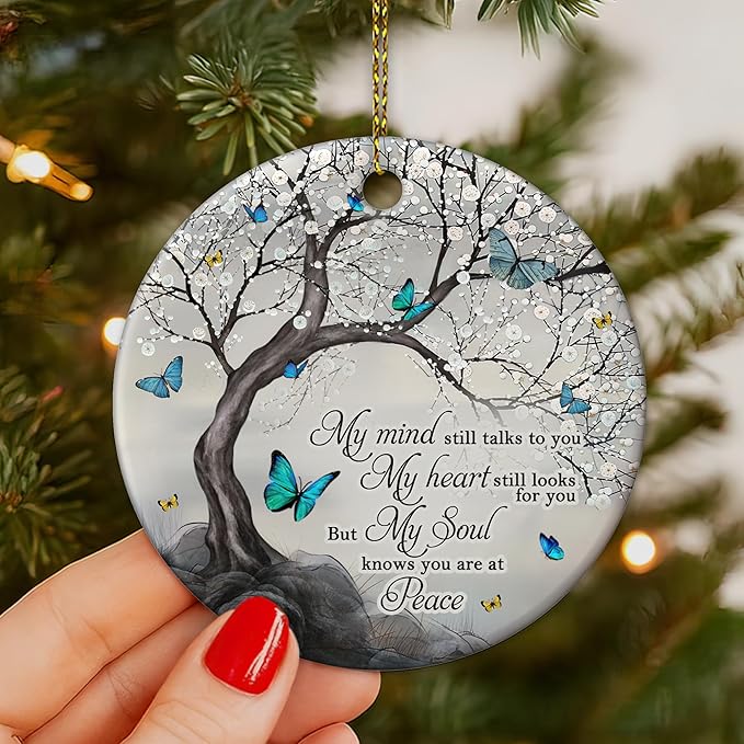 Hyturtle Butterfly Memorial Ornament - Remembrance Ceramic Keepsake with Tree and Quote - Sympathy Gift for Loss of Loved One - Bereavement Christmas Ornament - 3 Inch Memorial 4