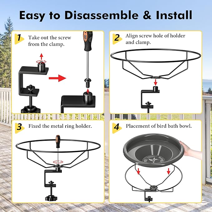 iBorn Bird Bath,Deck Mounted Bird Baths 12inch,Birdbath for Outside with Clamp 3.2inch,BPA-Free Bowl,Chew-Proof,Fully Detachable Design,Easy Clean & Refill,Gray,1 Pack（Not Include Fountain）