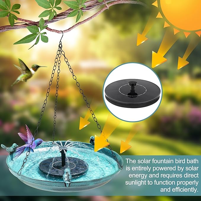 14.96" Hanging Bird Bath with Solar Fountain, Metal Birdbath with 3 Cast Iron Birds & 4 Spray Nozzles, Solar Powered Water Feature for Outdoors, Garden, Patio, Gift for Bird Lovers